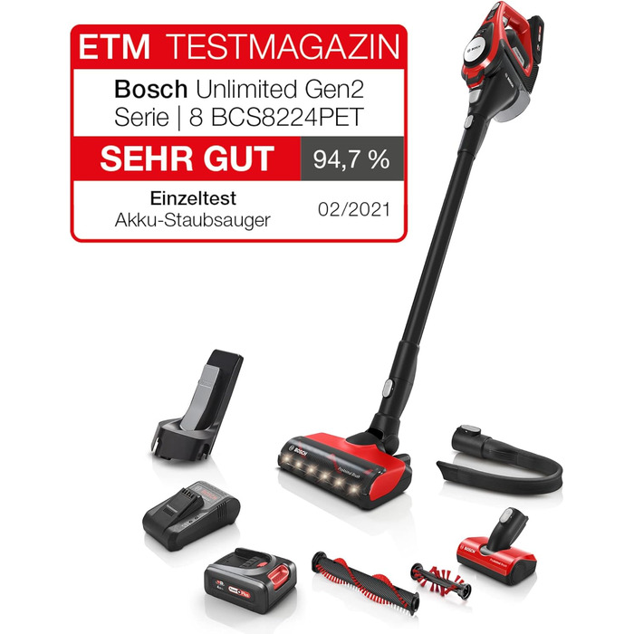 Акумуляторний пилосос Bosch Unlimited Gen2 Series 8 ProAnimal BCS8224PET, пилосос для шерсті домашніх тварин, без мішка, час робот