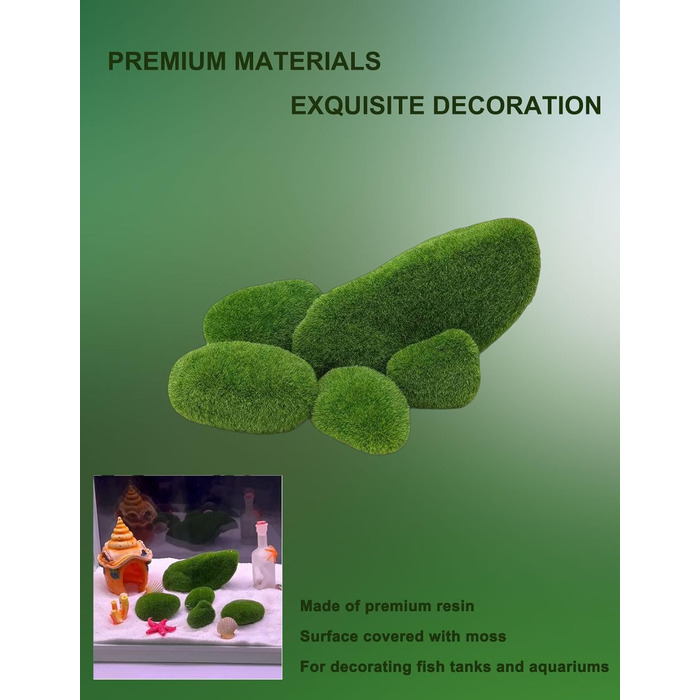 Набір мохових кульок ZLXHDL із 5 шт. прикраса зі штучного моху, декоративні мохові кульки різних розмірів, зелені флоковані камені для акваріумів та різноманітні прикраси