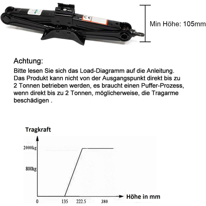 Ножичний домкрат 2T Кривошипний автомобільний домкрат Інструмент для заміни шин Ножичний підйомник позашляховика Мінімальна висота 105 мм Максимальна висота 380 мм (чорний)