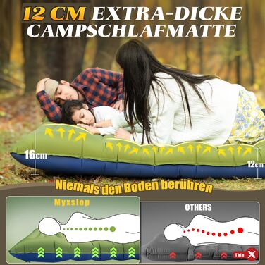 Килимок для сну для кемпінгу, подвійний кемпінговий матрац 12 см, надлегкий надувний матрац для сну для 2 осіб, невеликий розмір упаковки з ножним насосом та подушкою для подорожей, відпочинку на природі, походів, наметів, пляжу, зелений