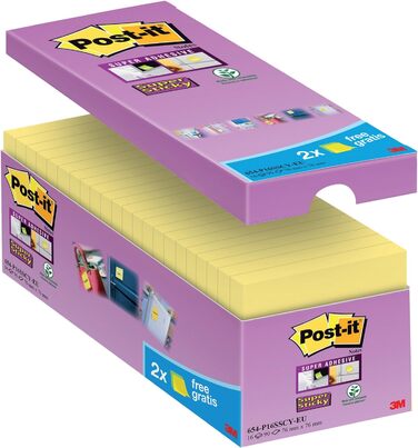 Стікери Super Sticky Notes, упаковка з 24 блокнотів, по 90 аркушів на блокнот, 76 мм x 76 мм, кольори зелений, рожевий, синій, помаранчевий - надзвичайно міцні наліпки для нотаток, списків справ і нагадувань (канарково-жовтий, стандартний, набір наліпок 5