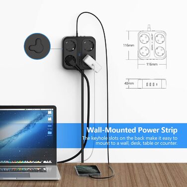 Розетка на кілька розеток, розетка JSVER на кілька розеток з 4 відділеннями, 3 розетки USB A і 1 розетка USB C з вимикачем, настін