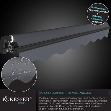 Складаний тент KESSER 300 x 250 см Затискач для тенту для патіо Сонцезахисний тент з настінним кронштейном Сонцезахисний балконний тент Водовідштовхувальний алюміній/поліестер, антрацит 300 x 250 см Антрацит