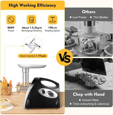 М'ясорубка електрична з нержавіючої сталі, м'ясорубка 800W 190R/m, машина для фаршу з 3 подрібнювальними пластинами і трубками для