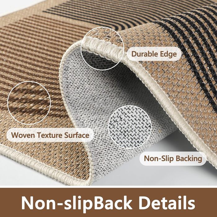 Килимок Capslpad для внутрішніх та зовнішніх дверей 80 x 120 см, вигляд джуту, нековзний килимок для уловлювання бруду, тонкий килимок для дверей, який можна прати, килимок для вхідних дверей, вхідної зони, балкону, чорний/коричневий, 80 x 120 см (прямоку