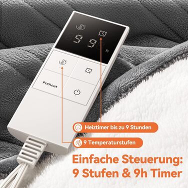 Електрична ковдра з підігрівом, автоматичним вимкненням та 9 зонами нагріву, 160x120 см, таймер 1-9 годин з функцією пам&39яті, швидкий та рівномірний розподіл тепла, двостороння фланель та овчина, 160 x 120 см для 1 особи / дивана