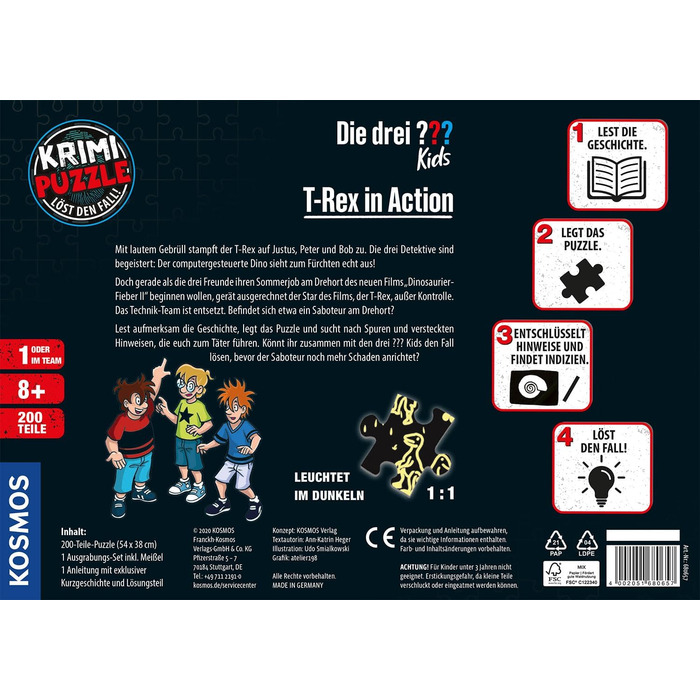Три слідчі Kids - Crime Puzzle - T-Rex in Action by KOSMOS 680657, 200 елементів, Світиться в темряві, Читання, Пазли, Розгадуванн