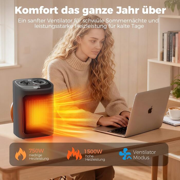 Електричний радіатор YASHE потужністю 1500 Вт, керамічний вентилятор-обігрівач PTC з термостатом, 2 режими нагріву режим вентилятора, захист від перекидання та перегріву, компактний електричний обігрівач для дому та офісу