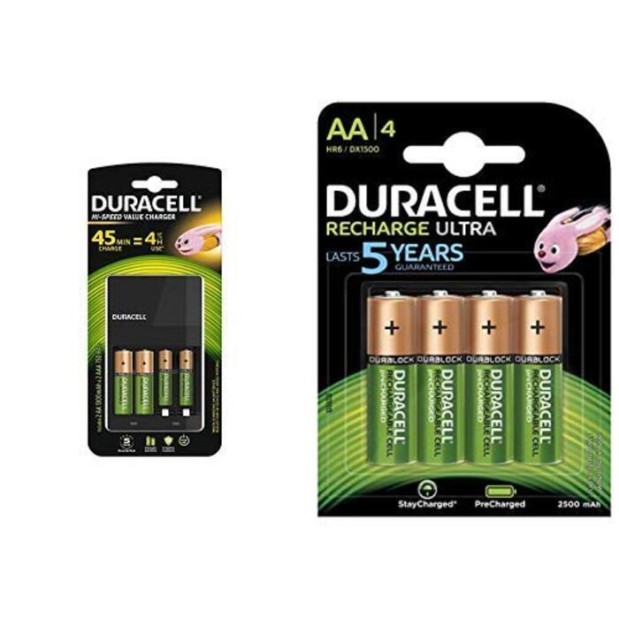 Зарядний пристрій Duracell з 4 годинами роботи, та акумуляторними батареями Ultra HR6DX1500 з низьким саморозрядом (2500 мАг), 4 шт., батарейки типу АА для перезаряджання, 4 шт.
