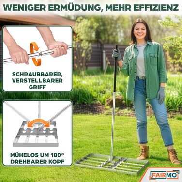 Зручний металевий рівняльник для газону (75x35 см) від Fairmo для насиченого зеленого газону - рівняльник для газону з ручкою 2 метри - інструмент для догляду за газоном з вирівнюючими зубцями - широкий граблі для піскування газону