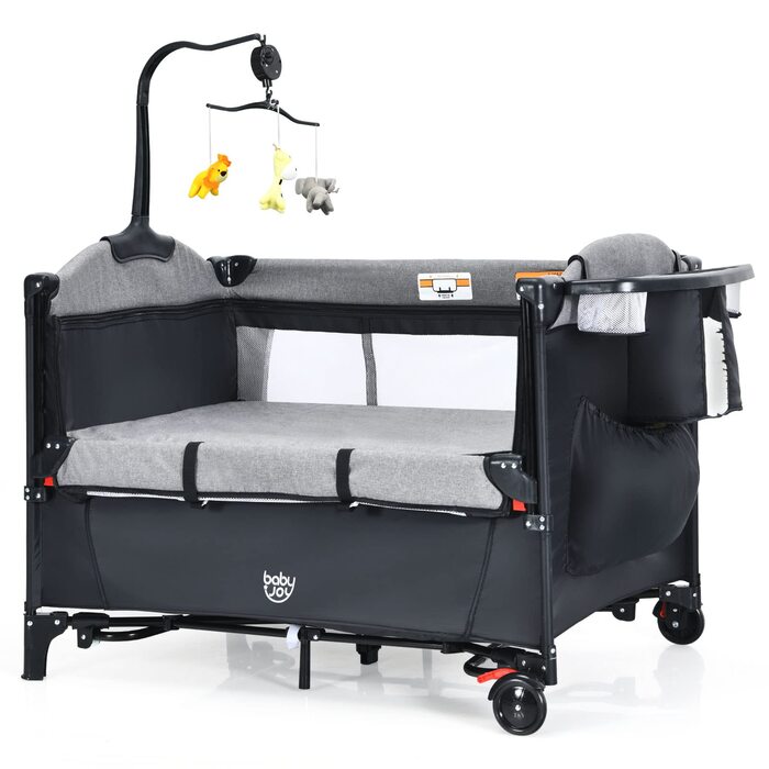 Дитяче ліжечко GOPLUS Baby Travel Cot, дитяче ліжечко з матрацом та тримачем для підгузків на колесах, дитяче ліжечко з боковим входом, сумка для перенесення, підставка для іграшок та музичний мобіль, 0-3 роки до 15 кг (чорне)