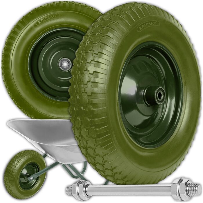 Колесо для тачки KRUMAD PU-піна 4.80/4.00-8, до 180 кг, з віссю, не проколюється, не потребує обслуговування, сталевий диск, подвійний кульковий підшипник, запасне колесо для тачок та візків, захист від проколів, темно-зелений