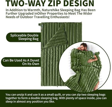 Натуральний пуховий спальний мішок Naturehike, ультралегкий, компактний портативний конверт 650 FP, зимовий спальний мішок на 3-4 сезони з невеликим розміром упаковки для кемпінгу на свіжому повітрі CW295-армійський зелений-650FP