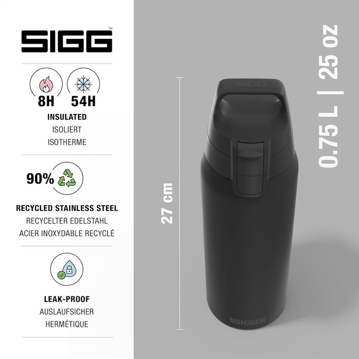 Термопляшка для пиття - Shield Therm One Black, термопляшка для газованих напоїв - Герметична - Можна мити в посудомийній машині - Без BPA - 90 перероблена нержавіюча сталь - Чорна - 0,75 л