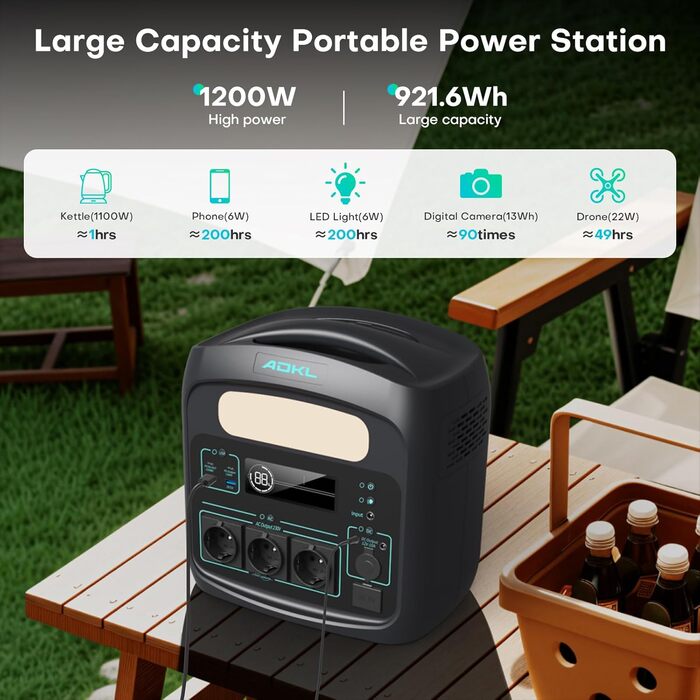 Портативна LiFePO4 зарядна станція 921.6 Втгод, швидка зарядка 1.5 години, порт зарядки USB-C PD 100 Вт, 3 розетки змінного струму 1200 Вт, портативна зарядна станція для аварійного живлення, кемпінгу, кемперів, дому. (Чорний - 1200 Вт)