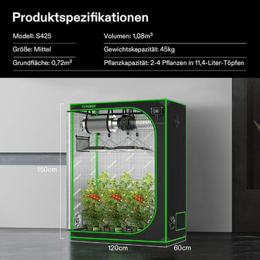 Намет для вирощування VIVOSUN S425 120x60x150 см. Намет для вирощування в приміщенні, виготовлений із майлара з високою відбивною здатністю, із оглядовим віконцем і піддоном для підлоги для внутрішньої гідропонної системи вирощування для VS2000