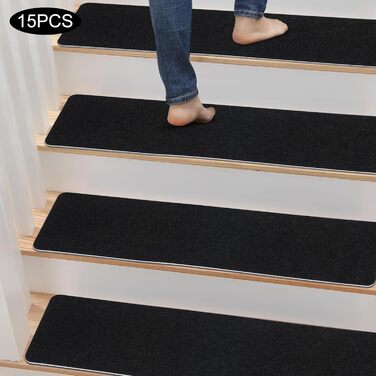 Комплект із 15 фетрових сходинок, 60x12 см, самоклеючі, чорні, нековзні, шумопоглинаючі для використання всередині приміщень, безпечні для дітей та домашніх тварин, килимове покриття для сходів