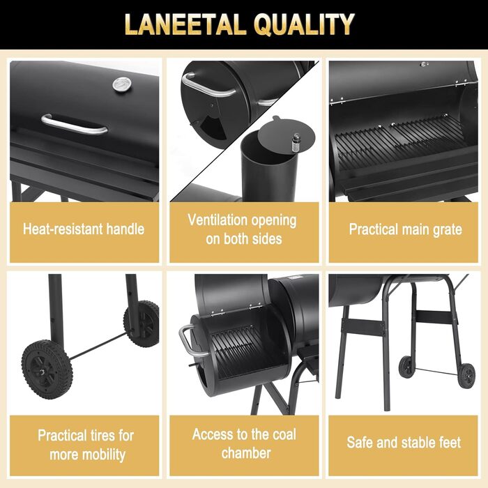 Вугільний гриль Laneetal з кришкою та візком на колесах, металевий садовий гриль з робочою поверхнею для кемпінгу та відпочинку на природі, чорний