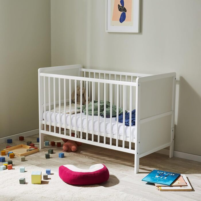Дитяче ліжко-трансформер Kids Collective з матрацом, дитяче ліжко, ліжечко, бічне ліжко 60x120 см, захист від падіння, повний комплект дитячого ліжка для малюків, регульовані по висоті та знімні ламелі, дерево, біле, 60 x 120 см білий матрац