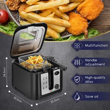 Фритюрниця об'ємом 2,5 л, 1650 Вт, фритюрниця без бісфенолу А з оглядовим вікном, контролем температури та дисплеєм, чорна