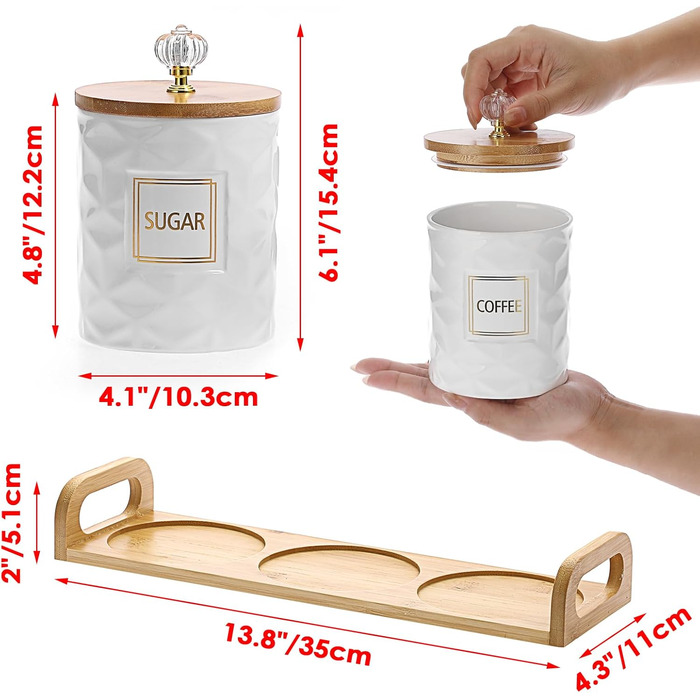 Набір керамічних контейнерів для зберігання, біла керамічна банка з бамбуковою кришкою та підносом, герметичні контейнери для зберігання продуктів на кухонній стільниці, 3 контейнери для цукру, кави, чаю, місткістю 1 літр кожен