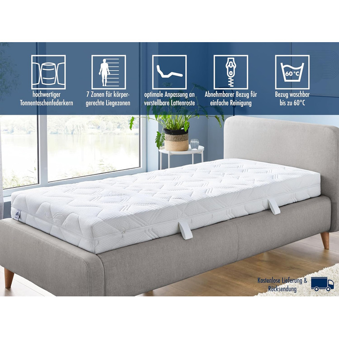 Ортопедичний 7-зонний матрац Irisette Lotus 500 з пружинами кишенькової форми, рівень жорсткості 3 (середньо-жорсткий), 100 x 200 см, сертифікований Oeko-Tex, виготовлений відповідно до німецьких стандартів якості. Рівень жорсткості H 3 - середньо-жорстки