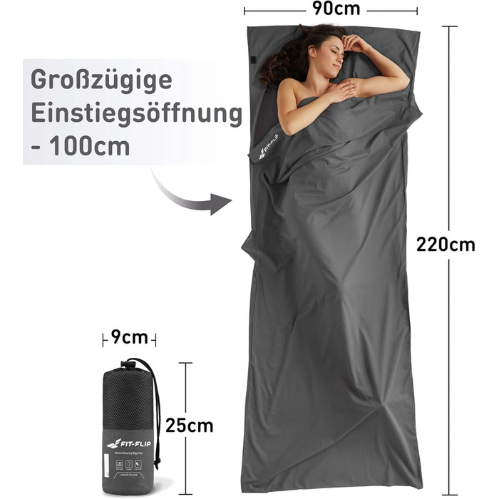 Підкладка для спального мішка Fit-Flip з бавовни або мікрофібри - надлегкий внутрішній спальний мішок - тонкий дорожній спальний мішок - компактний, маленький та шовковисто-м&39який - підкладка для спального мішка з кишенею для подушки, бавовна, темно-сір