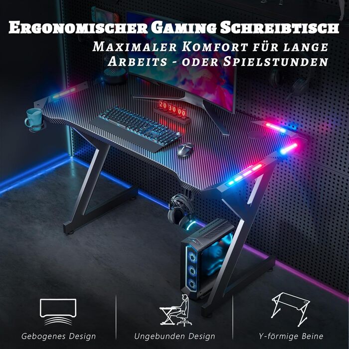 Ігровий стіл зі світлодіодним освітленням, ігровий стіл 100 x 60 см, міцний комп&39ютерний стіл з вуглецевим покриттям, ігровий стіл з підсклянником та гачком для навушників, чорний, стіл 100 см