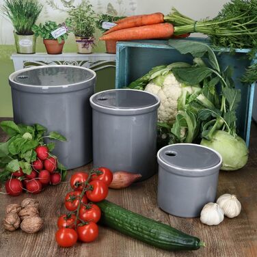 Набір із 3 контейнерів для зберігання Oskar MamboCat розмірів S, M та L сірого кольору Горщик із кришкою для картоплі, цибулі та часнику з білої глини для вашої кухні Циліндрична скринька для зберігання