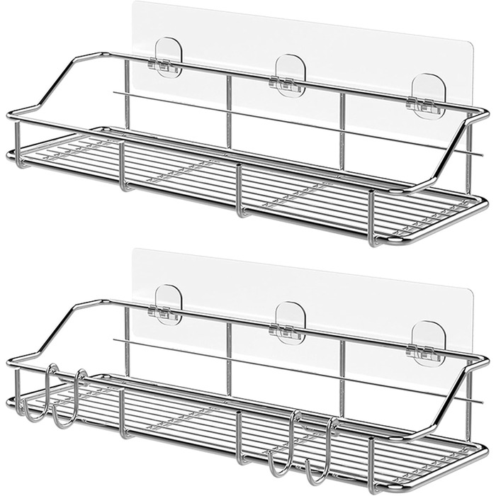 Душова полиця з гачками, нержавіюча сталь SUS304, самоклеюча, 2 шт. (срібляста)