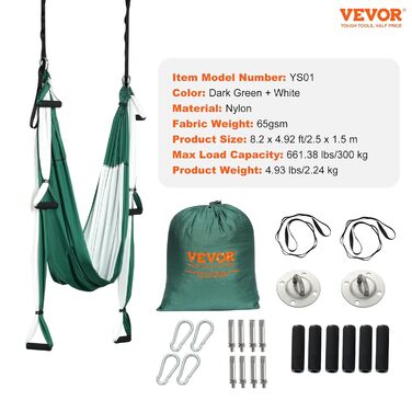 Гамак для аеро-йоги VEVOR Aerial Yoga Hammock, повітряна гойдалка (зелено-білий), макс. навантаження 300 кг (2,5x1,5 м)