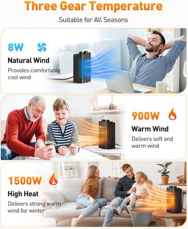 Енергозберігаючий вентилятор-обігрівач, 1500 Вт, 3 режими нагріву, керамічний електричний нагрівальний елемент, коливання 70, захист від перегріву та перекидання, тихий кімнатний обігрівач для використання в офісі, вітальні, спальні