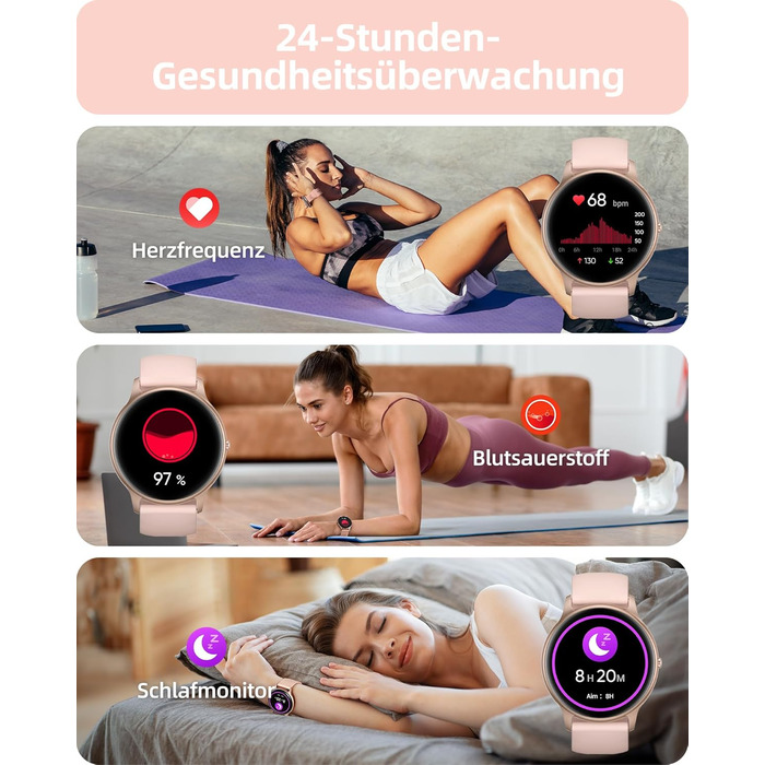 Жіночий круглий смарт-годинник Parsonver з функцією телефону, легкий фітнес-годинник з крокоміром, понад 100 спортивних режимів, водонепроникний IP68, жіночий спортивний годинник з серцевим ритмом, монітором сну, SpO2, рожеве золото, SPROD1