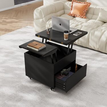 Журнальний столик VOWNER з регульованою висотою, багатофункціональний журнальний столик 3-в-1, який можна перетворити на стіл для вітальні/обідньої кімнати, журнальний столик із прихованим місцем для зберігання, 120Д x 60Ш x 68В см (чорний)