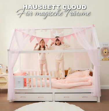 Ліжко для дому 90x200 з шухлядою, матрацом та набором 4-TLG DEKO рожевого кольору, вкл. захист від падіння книжкової полиці та рей