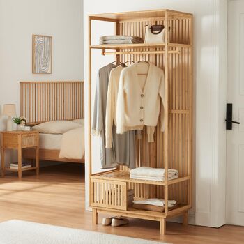 Вішалка для пальто Ypj, відкрита шафа з рейкою для одягу, шафа для передпокою, 187 x 80 x 47 см, бамбукова вішалка для курток, окремостояча вішалка для пальто