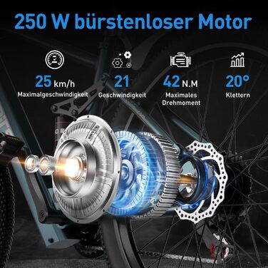 Дюймовий електровелосипед з 21-швидкісною коробкою передач, двигуном 250 Вт, акумулятором 13 Аг, максимальною швидкістю 25 км/год, рамою з високовуглецевої сталі, РК-дисплеєм, міський електровелосипед, 26-