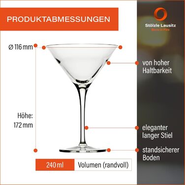 Келихи для коктейлів Stlzle Lausitz Grandezza 240 мл / набір з 6 келихів для мартіні / аперитивів / космополітичні келихи / келихи