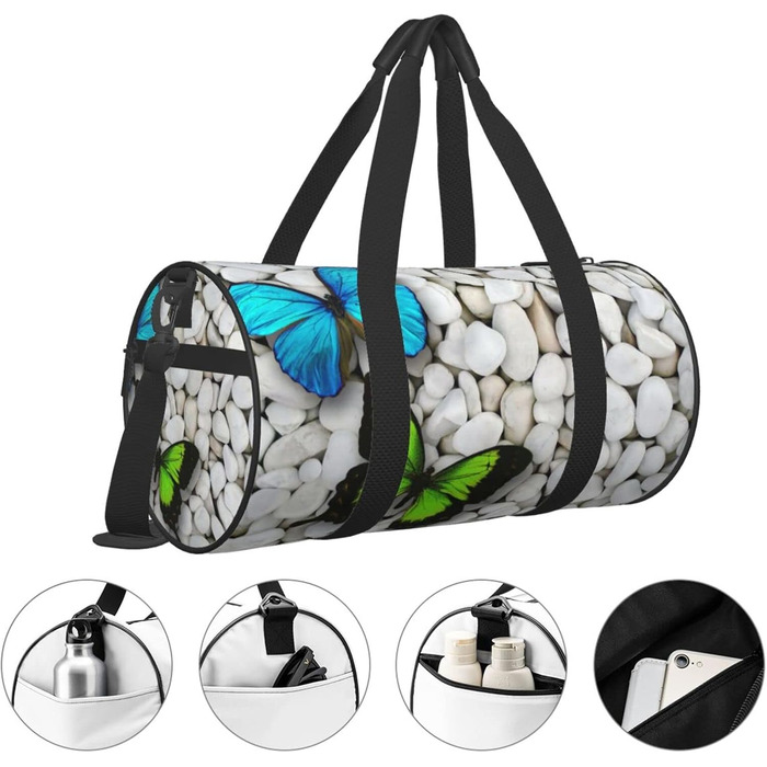 Дорожня сумка-циліндр Блакитний метелик, Зелений метелик та каміння, спортивна сумка для чоловіків і жінок, сумка-мішок, спортивна дорожня сумка
