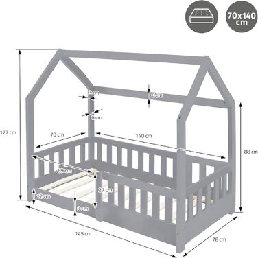 Дитяче ліжко ML-Design 70x140 см світло-сірого кольору з матрацом, поручнями, дахом та рейковою основою, ліжко-будиночок для дівчаток та хлопчиків, ліжко-будиночок із сосни, ігрове ліжко, підлогове ліжко, дитяче ліжко, дерев&39яне ліжко-будиночок 70 x 140