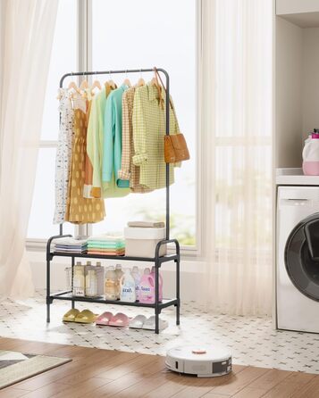 Вішалка для одягу - штанга для одягу з нековзними ніжками, шафа-стійка з 2-рівневим органайзером для взуття, вішалка для одягу для спальні, передпокою, 74 x 30 x 150 см, чорна 74 x 30 x 150 см чорна