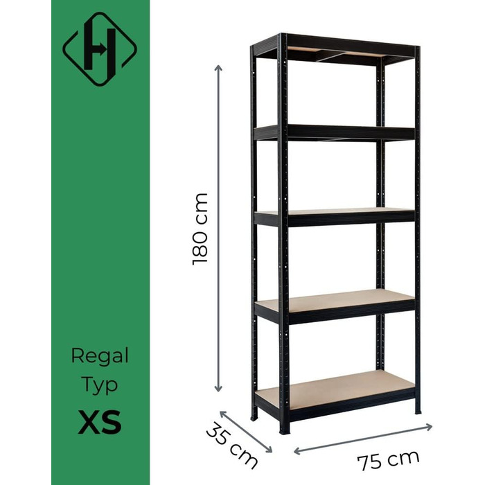 Міцний стелаж типу XS - ВxШxГ 180 x 75 x 35 см - Чорний - Вантажопідйомність 750 кг - Безболтовий стелаж з 5 полицями - Навантаження на полицю 150 кг - Зроблено в ЄС - Міцний металевий стелаж - Стелаж для зберігання - Стелаж для майстерні типу XS - 180 x 