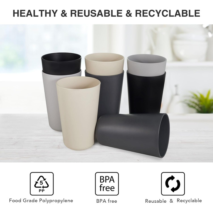 Чашки для пиття, Набір з 8 шт. , 710 мл, Багаторазові пластикові чашки для кави, Кружка для кемпінгу, вечірок, пікніків, Чашки для пиття для дорослих, Можна мити в посудомийній машині та використовувати в мікрохвильовій печі, Темні