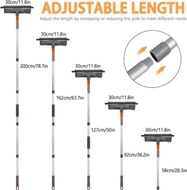 Склоочисник з телескопічною ручкою - професійний телескопічний мийник вікон Tendak 3 в 1 від 23 см до 200 см Засіб для миття вікон Засіб для миття скла для високих вікон, внутрішнього та зовнішнього душу