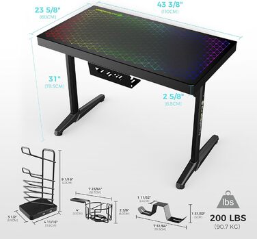 Ергономічний скляний ігровий стіл EUREKA з RGB-підсвічуванням, 110 x 60 см, скляний ігровий комп&39ютерний стіл із синхронізацією музики, керуванням за допомогою додатків, гачком для навушників та тримачем для напоїв