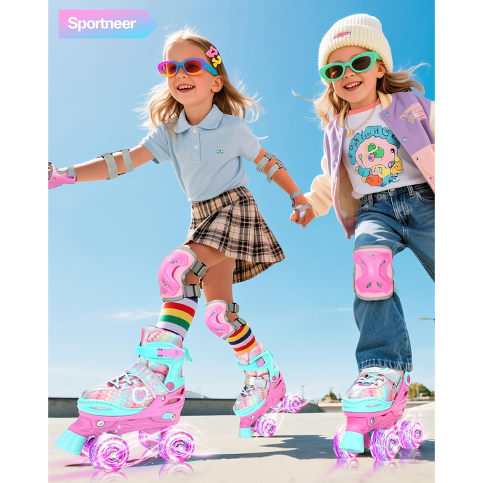 Роликові ковзани Sportneer для дівчаток, EU 23-36, райдужні роликові ковзани для дітей, 4 регульовані розміри із захисним спорядженням, роликові ковзани для початківців, подарунки на Різдво та день народження, рожеві XS (EU 23-26)
