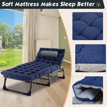 Садовий шезлонг/лежак, що розкладається в 4 сторони, 190 x 68 x 20 см, максимальне навантаження 200 кг, з килимком, підголівником та сумкою для перенесення, для домашнього офісу, відпусток, лікарень та кемпінгу, синій