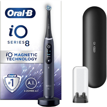 Електрична зубна щітка Oral-B iO-8, акумуляторна, дизайн від Braun, 1 високоякісний дизайн, чорна ручка з магнітною технологією, кольоровий дисплей, 1 насадка для зубної щітки, 2-контактна вилка Великобританії, дорожній футляр Чорна ручка