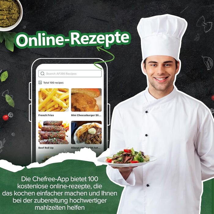 Аерофритюрниця CHEFREE 2 л, міні-мультиварка 4-в-1, енергозберігаюча, компактна, аерофритюрниця маленька без олії, можна мити в посудомийній машині, 900 Вт, чорний, AF300, темно-зелений