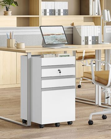 Контейнер на колесах Hzuaneri, шафа для документів, офісна шафа, що замикається, з 3 шухлядами, додаткове місце для зберігання зверху, шафа з шухлядами для формату DIN A4, Letter, для офісу, домашнього офісу, 40 x 40 x 70 см Білий FC41003XV1